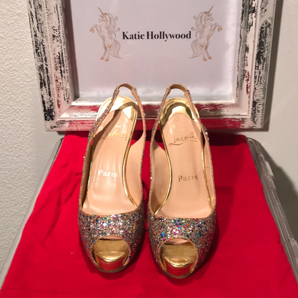 CHRISTIAN LOUBOUTIN multi glitter slingback heel